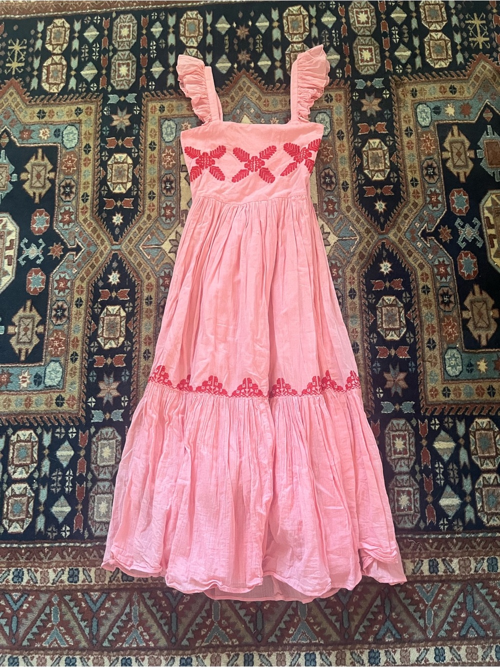 Carolina K Dresses pink Kuna red embroidered tank maxi ruffle s - Picture 2 of 10